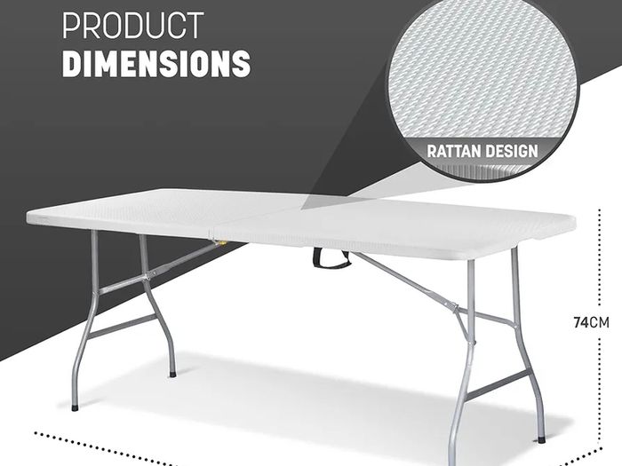 6ft Folding Table with White Rattan Patterned Top,180x70x74cm  Sturdy Metal Frame, Waterproof, Portable & Easy Assembly Ideal for Parties, BBQs, Camping (White Rattan)