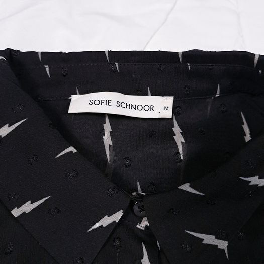 Sofie Schnoor Black Sheer Lightning Bolt Pattern Long Sleeve Midi Shirt Dress Size M