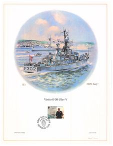1980 Isle of Man Limited Edition Lithographed Print measuring 333mm X 257mm showing Visit of King Olav V to the Isle of Man 2-7 August 1979 Commemorative Stamp with First Day of Issue Cancel