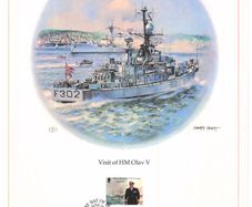 1980 Isle of Man Limited Edition Lithographed Print measuring 333mm X 257mm showing Visit of King Olav V to the Isle of Man 2-7 August 1979 Commemorative Stamp with First Day of Issue Cancel