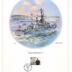 1980 Isle of Man Limited Edition Lithographed Print measuring 333mm X 257mm showing Visit of King Olav V to the Isle of Man 2-7 August 1979 Commemorative Stamp with First Day of Issue Cancel