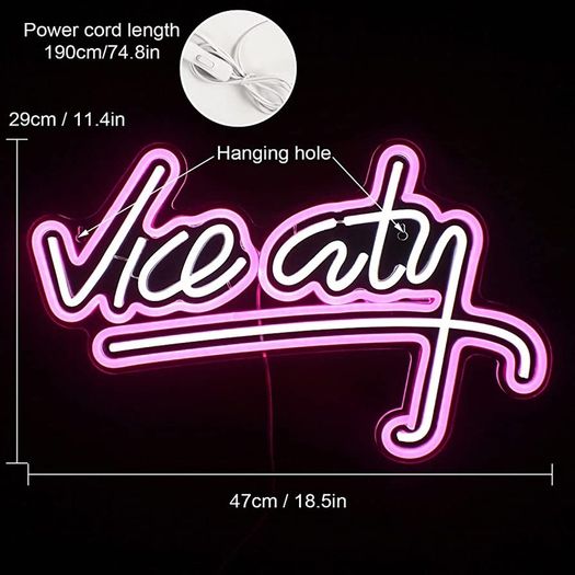 Vice City Neon Sign Pink White Led Sign for Bedroom Wall Decor USB Powered Letter Neon Light for Game Room, Man Cave, Gaming Zone (FREE POSTAGE)