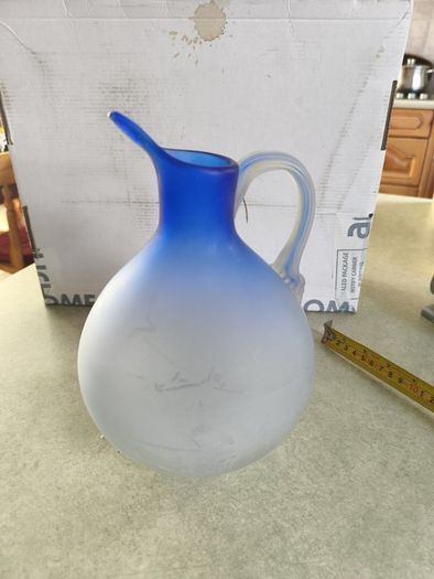 Vintage from the 1980s blue Frosted Art Glass Carafe / vase
