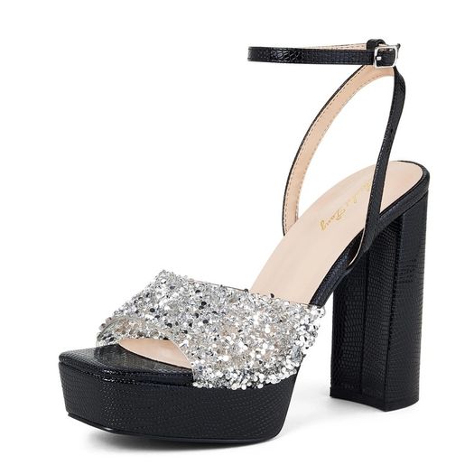 Brand New Zhabtuc Women's Lizard Texture High Heel Sandals, 12 cm Heel, Ankle Strap, Peep Toe, Rhinestone Embellishment,