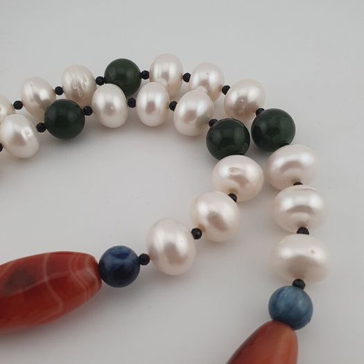Authentic Freshwater Pearl Necklace with African Carnelian & Jade Beads