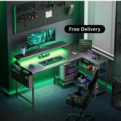 L Shaped Gaming Desk with LED Lights, 100 x 70 cm