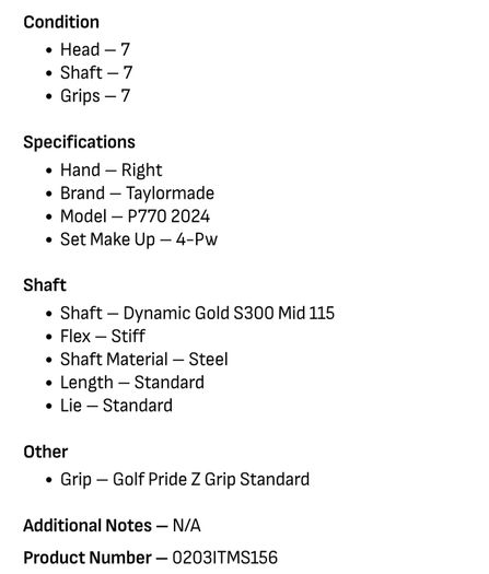 Taylormade P770 2024 Irons / 4-Pw / Dynamic Gold S300 Mid 115 Stiff
