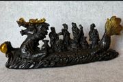 Antique Eight Immortals Dragon Boat - Patinated Bronze, Gold Accents, Signed