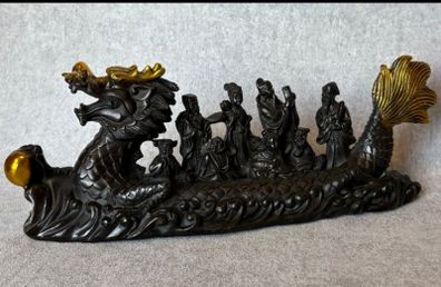 Antique Eight Immortals Dragon Boat - Patinated Bronze, Gold Accents, Signed