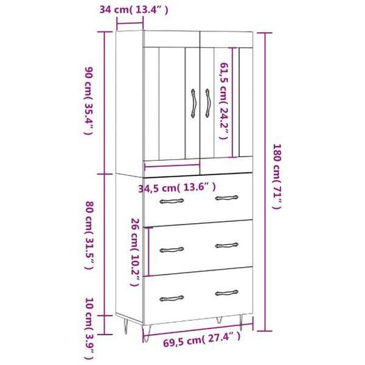 Highboard White 69.5x34x180 cm