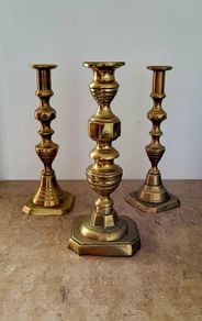 19th century brass candlesticks trio