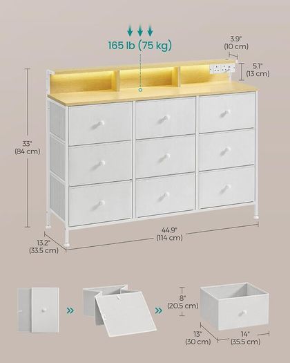 Chest of Drawers Bedroom With Charging Station, Steel Frame 9 Fabric Drawers and LED Lights