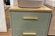 Sage Green Vanity Unit with Countertop Basin and Gold Tap