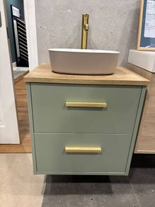 Sage Green Vanity Unit with Countertop Basin and Gold Tap