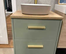 Sage Green Vanity Unit with Countertop Basin and Gold Tap