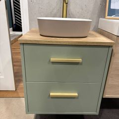 Sage Green Vanity Unit with Countertop Basin and Gold Tap