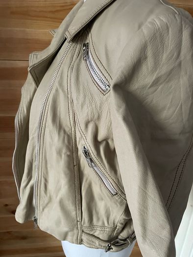 Kookai women leather cream jacket biker 3/4 length sleeves size 12