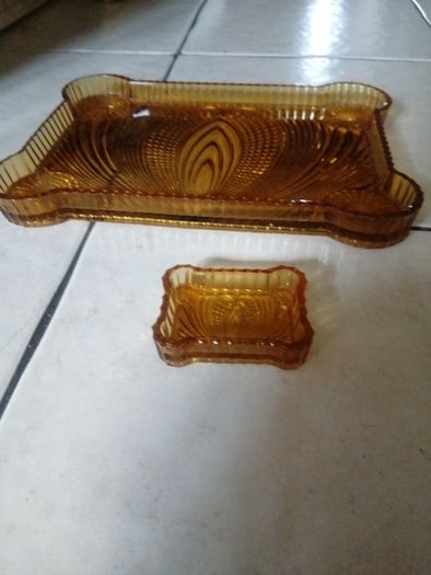 vintage Amber glass dressing table tray and trinket dish