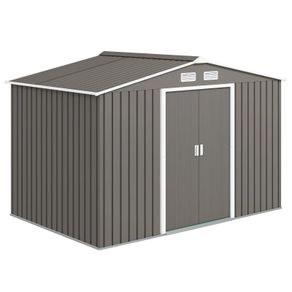 9 x 6FT Outdoor Garden Roofed Metal Storage Shed Tool Box with Foundation Ventilation & Doors Light, Grey