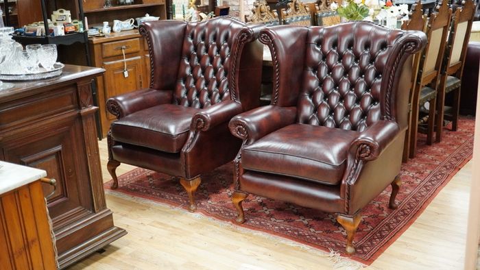 Pair of Oxblood Leather Wingback Armchairs