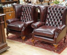 Pair of Oxblood Leather Wingback Armchairs