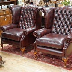 Pair of Oxblood Leather Wingback Armchairs