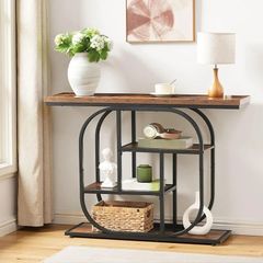 Narrow Console Table for Hallway, 110 cm Hallway Table, 4-Tier Industrial Display Table with Storage, Geometric Frame, for Entryway, Foyer, Living Room, Bedroom, Rustic Brown