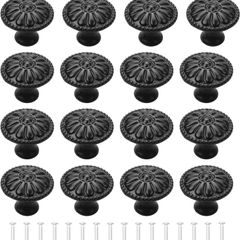 16Pcs Black Cabinet Door Handle, Round Drawer Knobs, Single Hole Cupboard Handle, Mushroom Drawer Handle 30MM Aluminum Alloy Flower Pattern Handle with Screws (FREE POSTAGE)