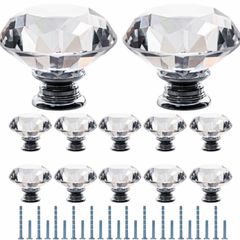 Clear Crystal Door Knobs, 12 Pcs 40mm Crystal Glass Door Drawer Knobs Diamond Cut Drawer Handles with 3 Sizes Screws for Cupboard Cabinet (MULTIPLE STYLES)
