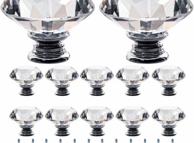 Clear Crystal Door Knobs, 12 Pcs 40mm Crystal Glass Door Drawer Knobs Diamond Cut Drawer Handles with 3 Sizes Screws for Cupboard Cabinet (MULTIPLE STYLES)