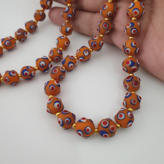 Antique Venetian Style Skunk Eyes Orange Glass Beads Necklace