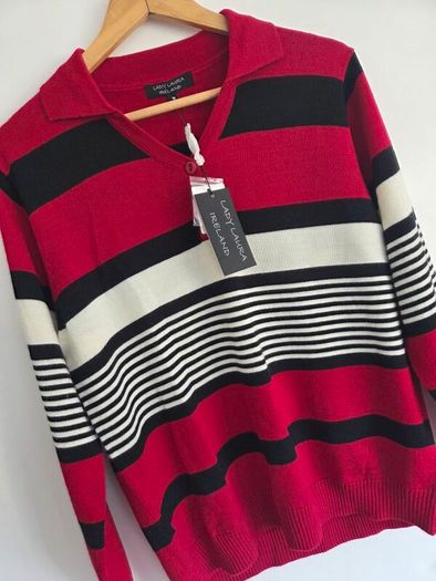 UK16, With Tags Lady Laura Ireland Wool Striped Polo Knit Collared Jumper