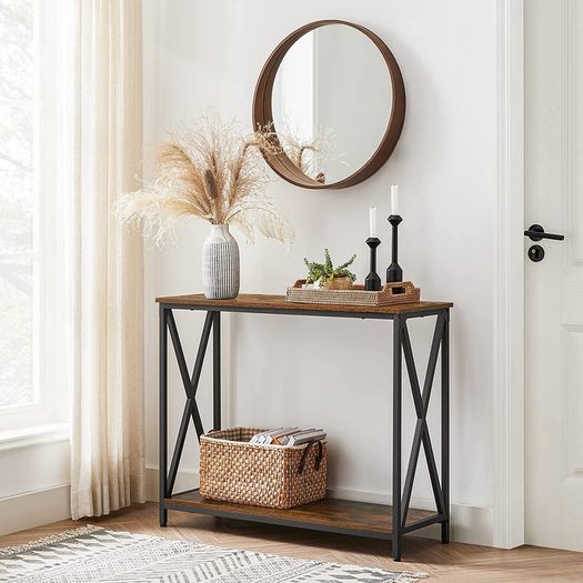 _Console Table, Side Table, Hallway Table, Sofa Table, Cross Braces, 100 x 35 x 80 cm, for Living Room, Hallway, Steel Frame, Industrial Design, Vintage Brown/Black