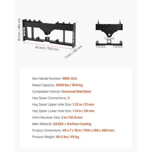 Skid Steer Pallet Frame, 1814 kg Rated Load Capacity, 115 cm Pallet Fork Frame Attachments