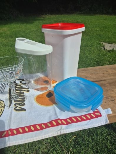 Dessert glasses and plastic tubs