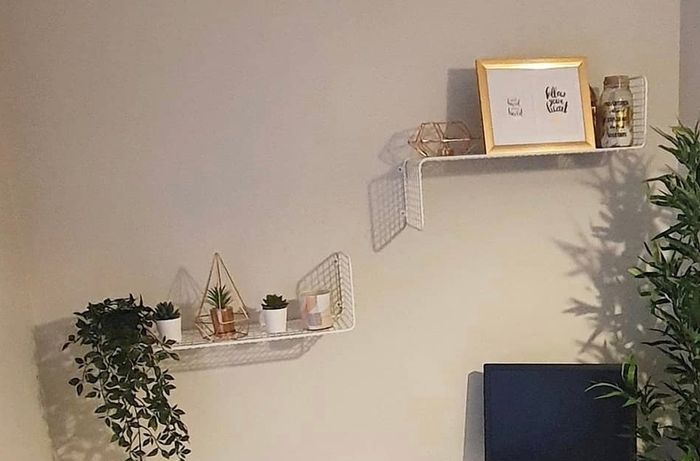 White Tall Mirror, Wire Side Table, Wire Shelves, Grey Fabric Bench, 6 White Framed Prints
