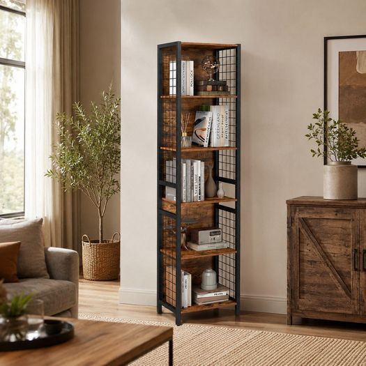 Tall Industrial Bookshelf with 6 Shelves and Hooks Rustic Brown and Black