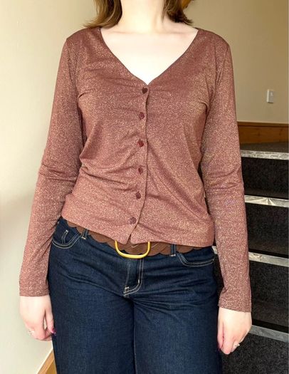 Sparkly Rose Gold Long Sleeve Button-Up Top