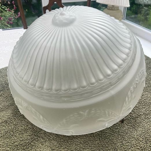 Vintage Art Deco Fluted White Opaque Glass and Copper Ceiling Light