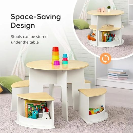 Toddler Table and Chair Set, Wooden Round Table with 4 Storage Stools, Kids Tables and Chairs for Arts, Crafts, Read and Play