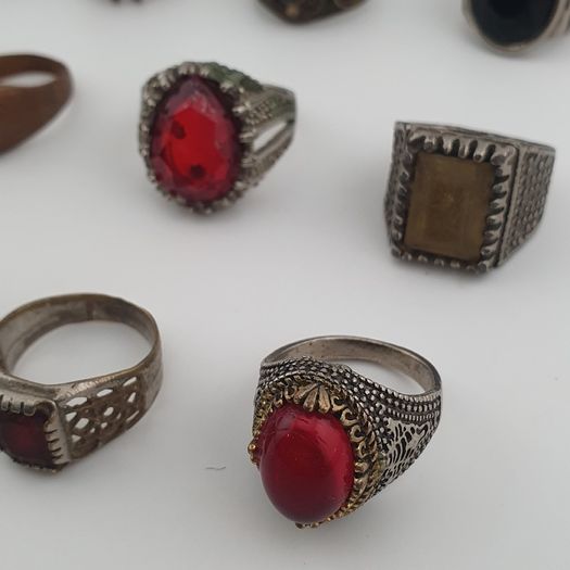 15 Antique Style Brass Rings Mixed Stone & Colourful Glass Accents