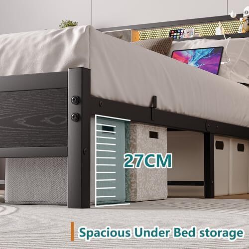 King Size Bed Frame with Storage,LED Lights,5ft Metal Bed Frame Kingsize Bed Frame with Charging Station,Mattress Foundation,Strong Steel Slats Support,Noise Free,Black