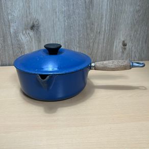 Le Creuset Blue Cast Iron Saucepan 20cm Lid Wood Handles - VGC