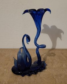 Vintage handblown glass swan & tulip vase