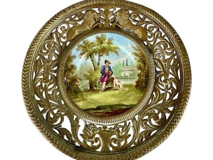 Set of 4 Antique French Brass/Hand-Painted Porcelain Wall Plaques