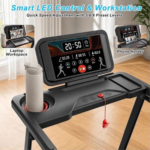 6 in 1 Treadmill with 3 percent to15 percent Incline, Under Desk Walking Pad, 1 12 km h HP Motor 8 Point Shock Absorption, 15 cm Adjustable Handlebar, LED Display, Remote Control, 130 kg Max