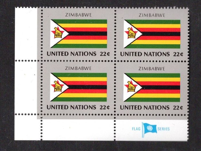 1987 United Nations New York Zimbabwe National Flag (part of flag series) Block of 4 Mint Never Hinged (MNH)