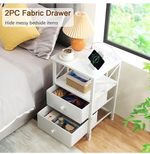 Bedside Table Set of 2, Side Table with Charging Station and Led Lights