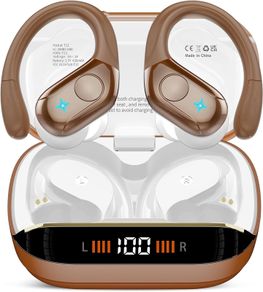 Qecnato Bluetooth Headphones Sport, in Ear Headphones Wireless Bluetooth 5.3 with HD Mic, Outstanding Sound, 75h playing time, Comfort Fit, Dual LED Display Braun