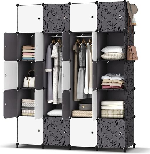 Portable Wardrobe 20 Cube Closet with 3 Clothes Hanging Rails, 14"x18" Deeper Cube Combination Armoire Modular Cabinet Storage Organizer for Bedroom Clothes Shoes Toys, Black & White